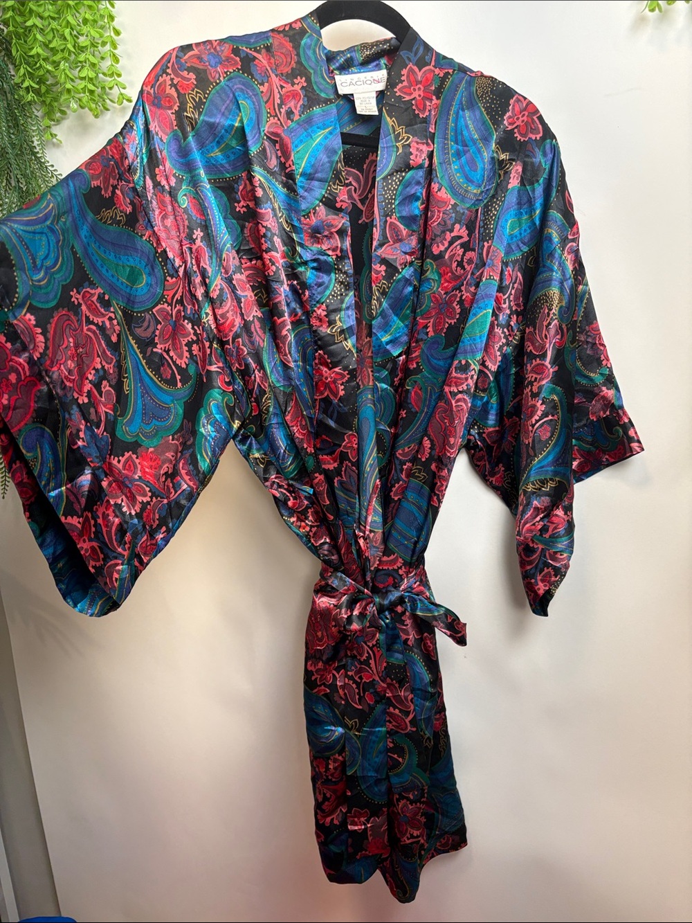 Cacique Satin Paisley Kimono Robe - Black, Teal & Fuchsia